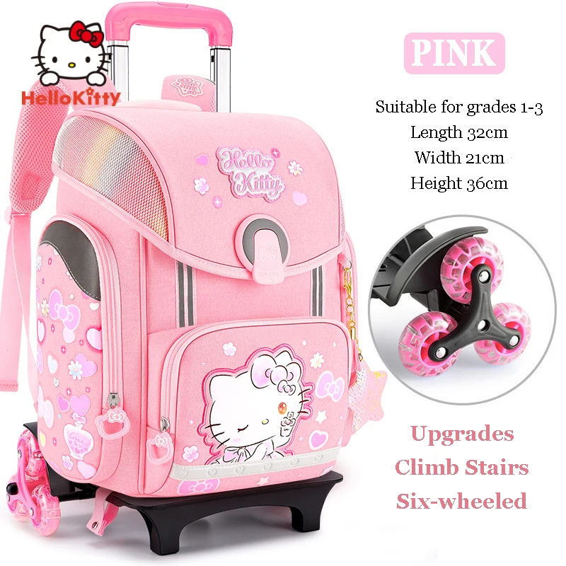 Miniso Hello Kitty Girl 6 Wheelded School Bag Pupils Cartoon Backpack Student Schoolbags Children Trolley Bags Grade 1-3-6 Gifts