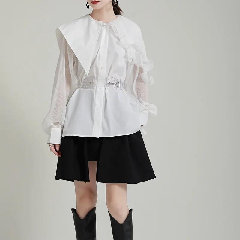 2024 spring new lapel ruffled roll ruffled edge irregular stitching loose short sleeve shirt with belt top