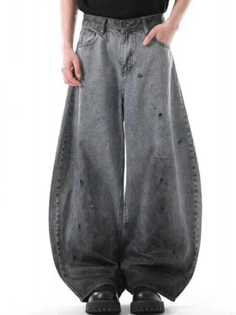High Street Men's Jean's Splash-ink Dirty-dying Casual Contrast Color Bottom Male Loose Curved-knife Denim Pants 9WO3X9