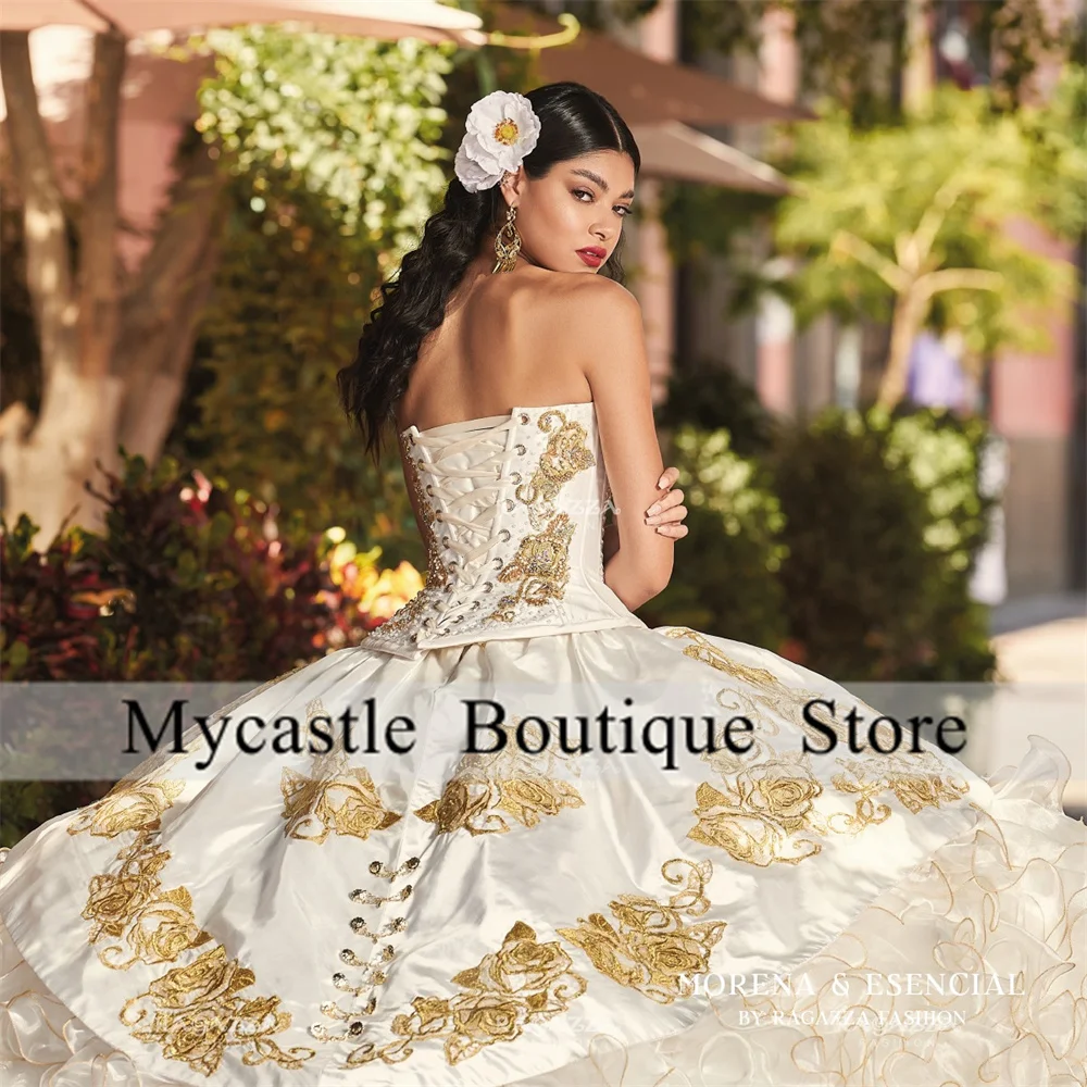 Mexico 2023 White Ball Gown Quinceanera Dresses 2023 Appliques Beads Crystal Tiered Ruffle Sweet 16 Dress Prom Party Gowns