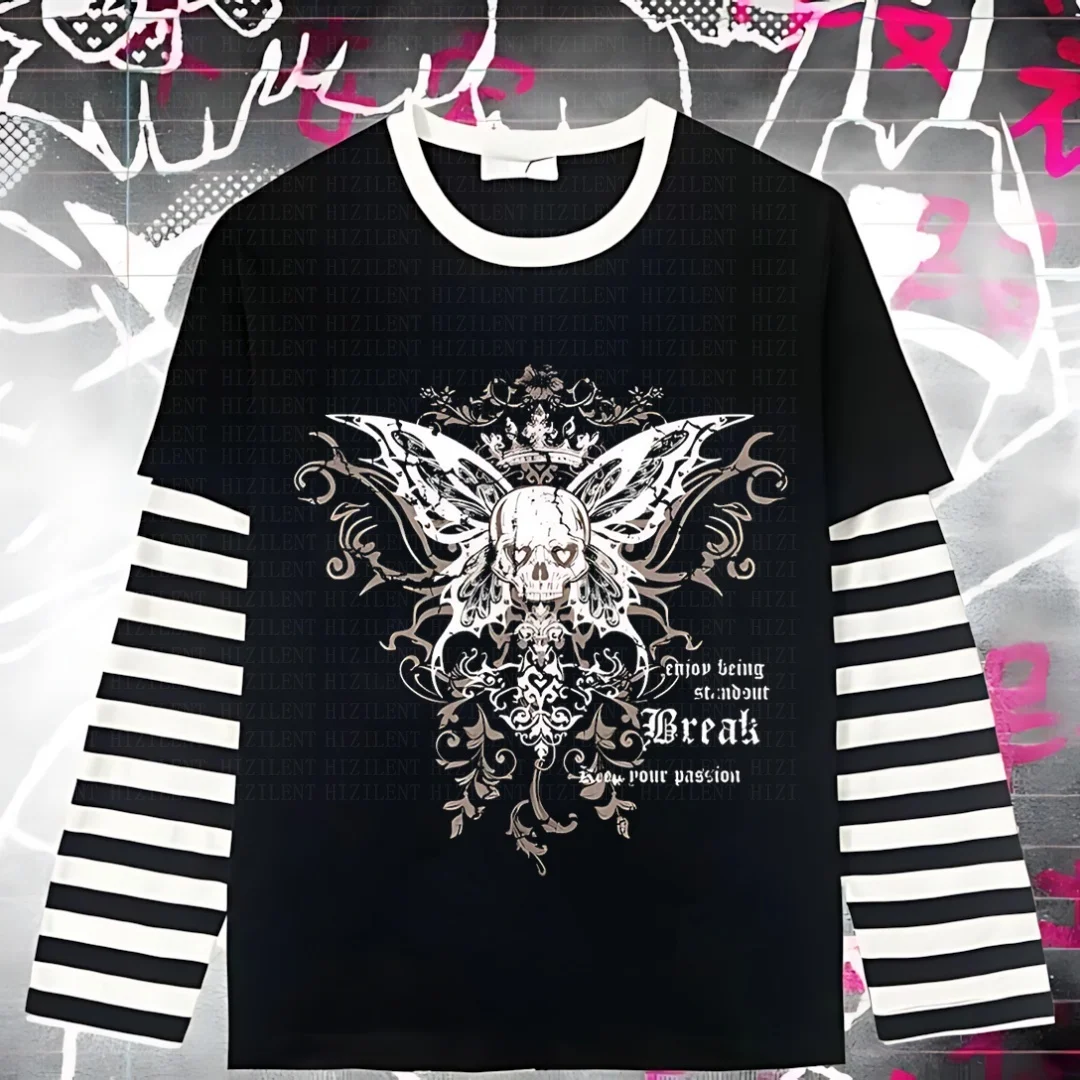 

Fashion Retro Gothic Punk Women's Top Autumn Winter Pure Cotton Striped Long Sleeve T-shirt Hip Hop Rock Women's Top