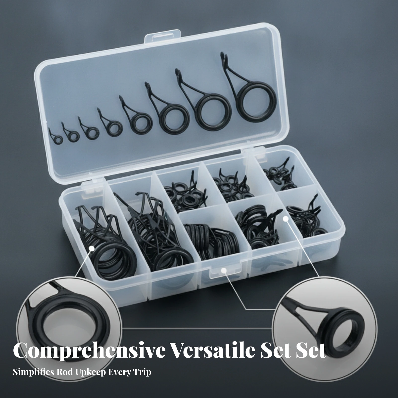 75 Pieces Fishing Rod Guide Rings Clear Compartmented Box Multi Size Wear Resistant Fishing Rod Guide Loop Assortment