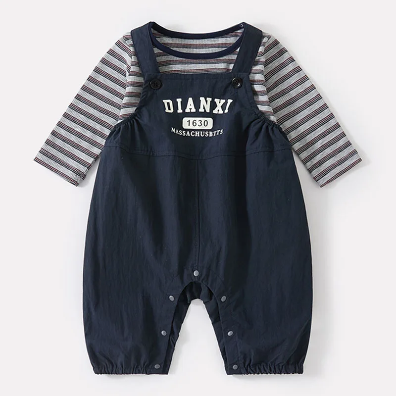 2ピース秋物幼児男の子服韓国ファッションカジュアルレター長袖トップス-オーバーオールベビー服セット新生児アイテムb514