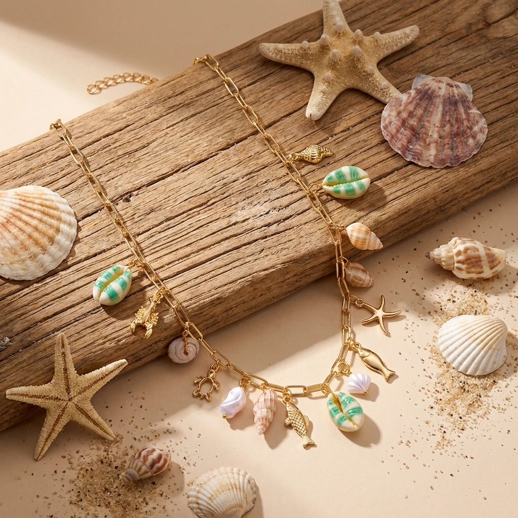 Bunte Muschel-Anhänger-Halskette für Damen, Bohemian Ocean Serie, Fisch, Seestern, Muschel, Schildkröte, Sommer-Schmuck – Detail 5