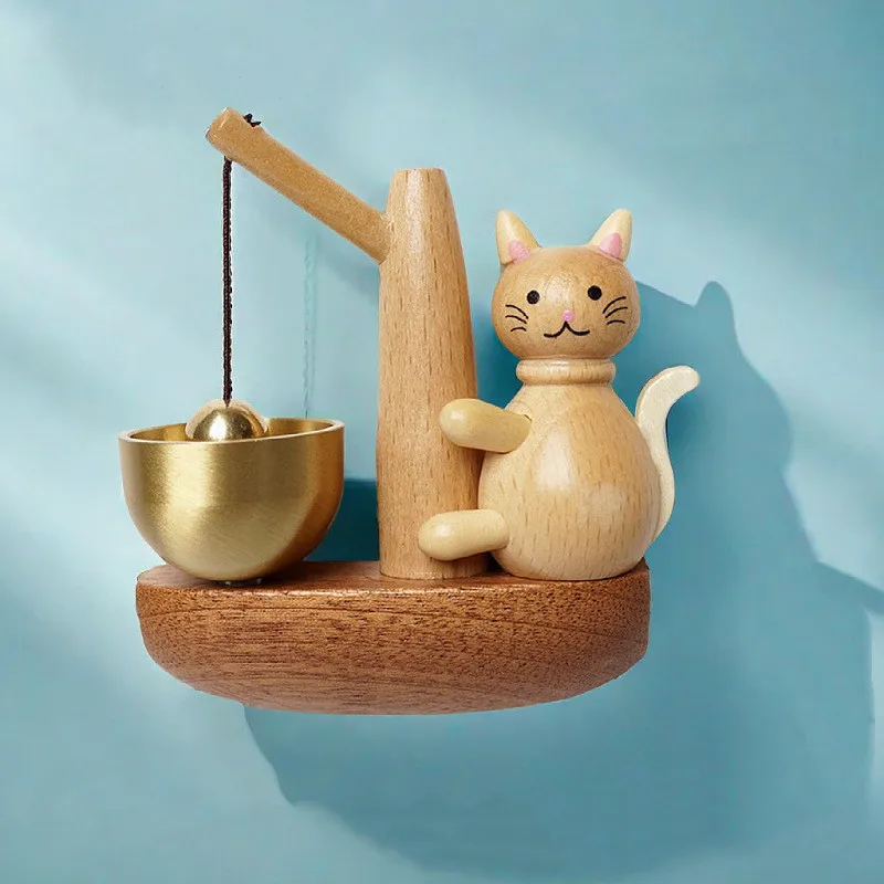 Playing Wooden Cat Dopamine Bell For Room Tabletop Decoration