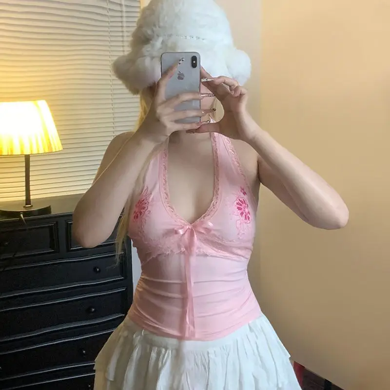 Sweetheart Flower Embroidered Lace Bow Hanging Neck Top Outer Wear Girl Sensation Backless Top Women Summer