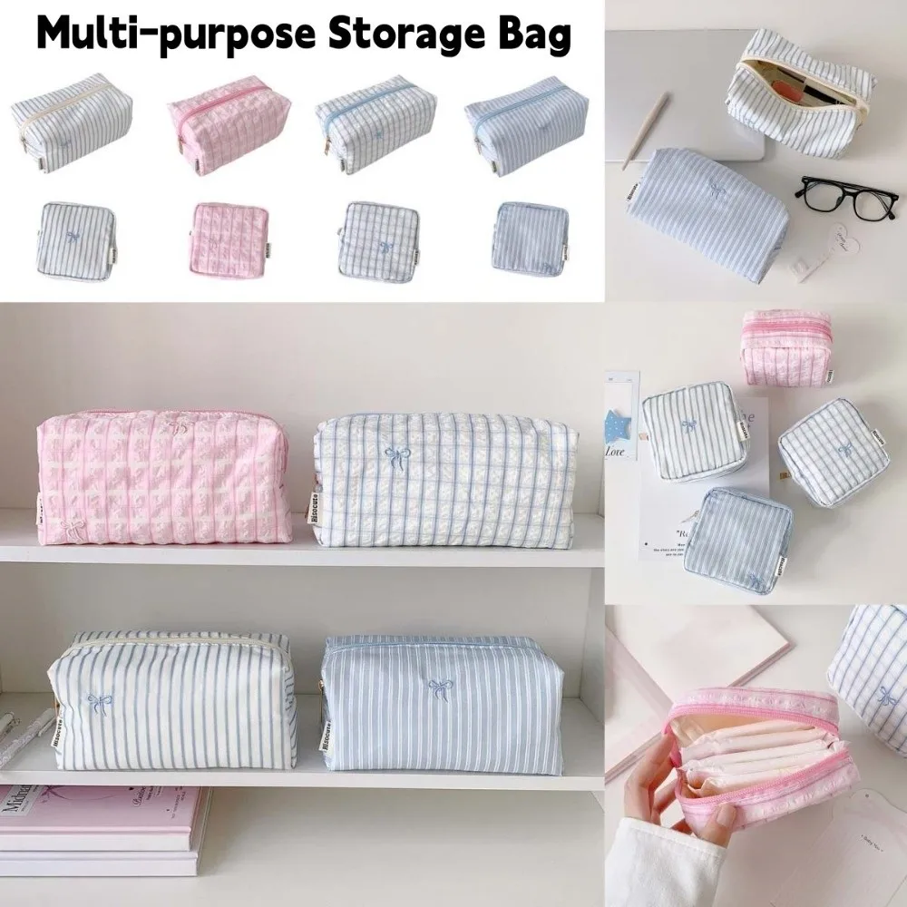 Large Capacity Bow Cosmetic Bag Bow Striped Grid Pattern Space Saving Toiletry Pouch Zipper Closure Pen Bag