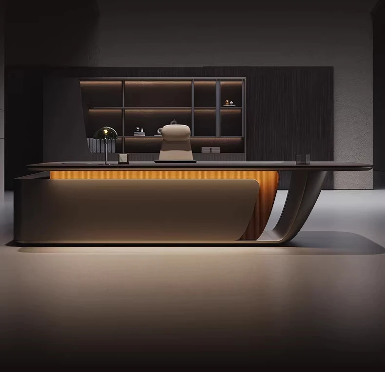 Executive Desk Curved Legs 3D Leather Texture Multi-function Cable Box LED Strip Grille Baffle Solid Wood Multi-layer Board