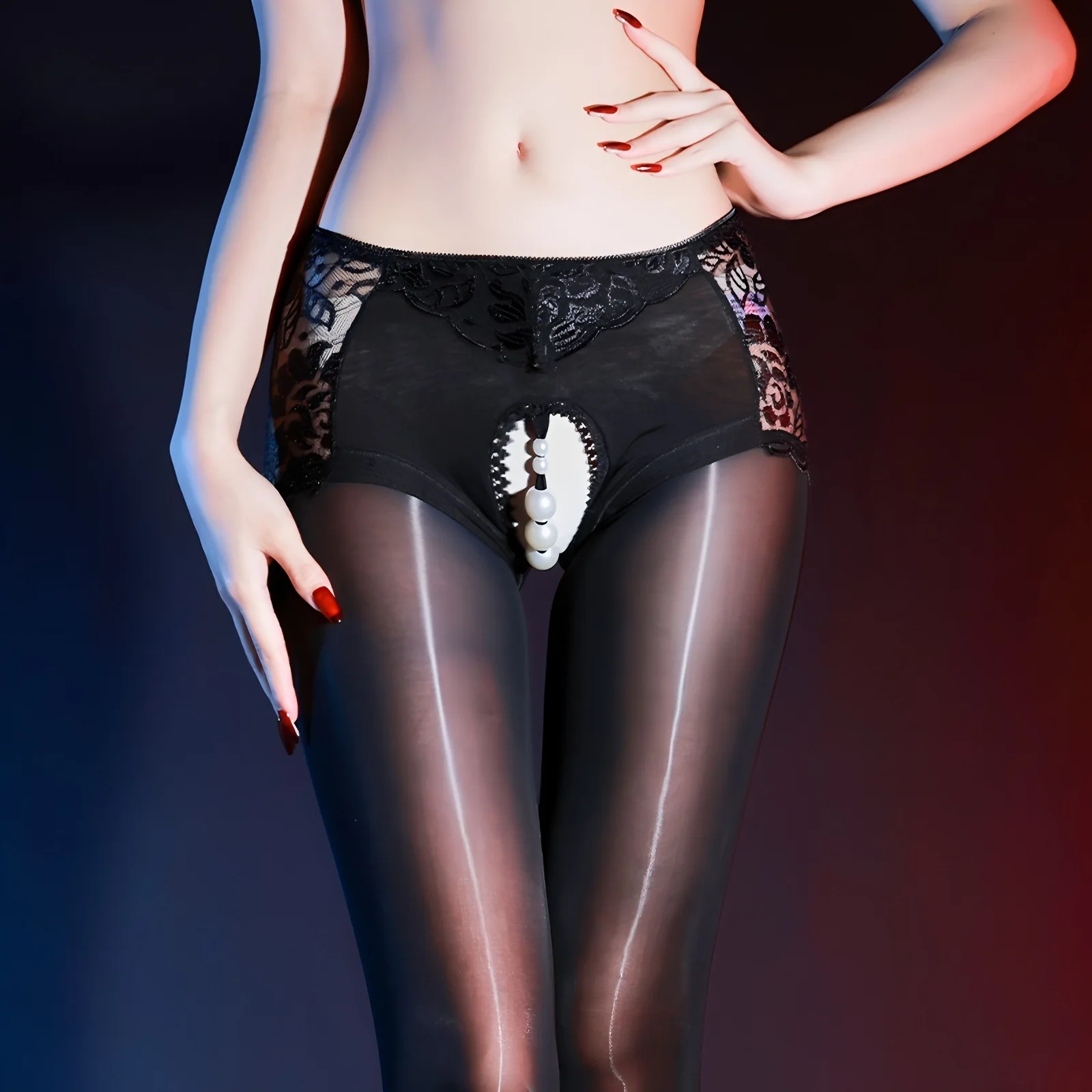 Women Sexy Transparent Mesh Pearl Pantyhose Smooth Oil Glossy Shiny Sheer Lace Open Crotch Thin Tights 8D Stockings Underwear