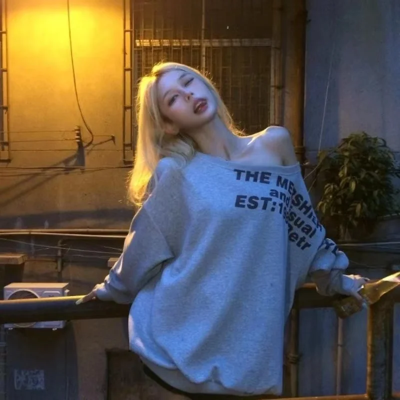 Y2K Sexy Oversize T-shirt Women Spring Autumn Streetwear Print Long Sleeves Off Shoulders Top Female Korean Style Loose Tees Top