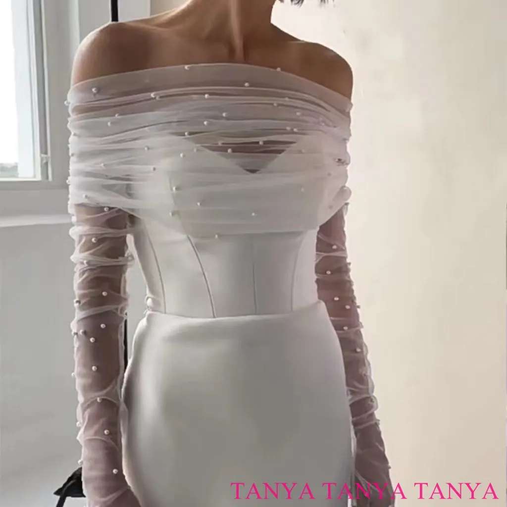 Scialle da sposa avvolge decorato con perle personalizza la mano crea accessori da sposa a maniche lunghe in rete abbinati all'abito da sera SWD784