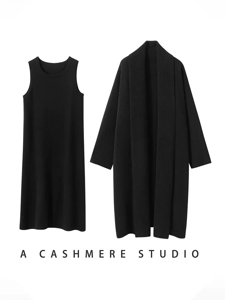French Long Vest Skirt Cardigan Suite Sweater 100% Cashmere Cardigan Coat Sundress Loose Women Retro Lapel Buttonless Two-piece
