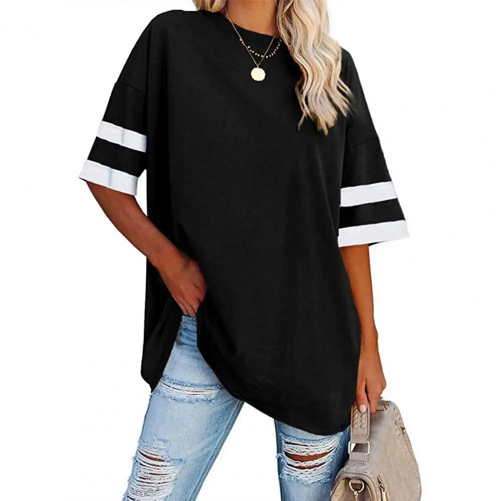 

Women T-shirt Stylish Women's Round Neck Loose Fit T-shirt Contrast Color Pullover Tops For Summer Vacation Workout Wear Elastic