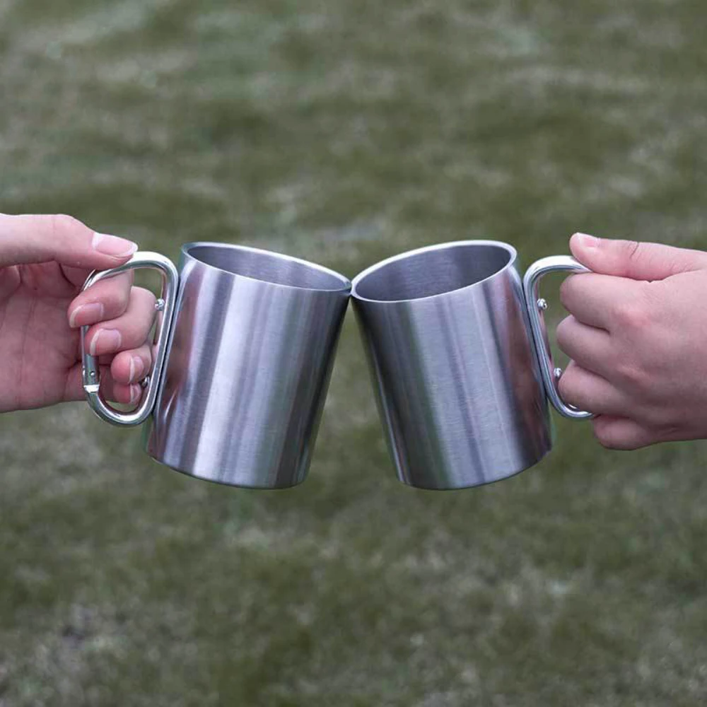 1Pc Outdoor Double-layer Water Cup Stainless Steel  180/300 ML Camping Picnic Drink Coffee Portable Carabiner Cups