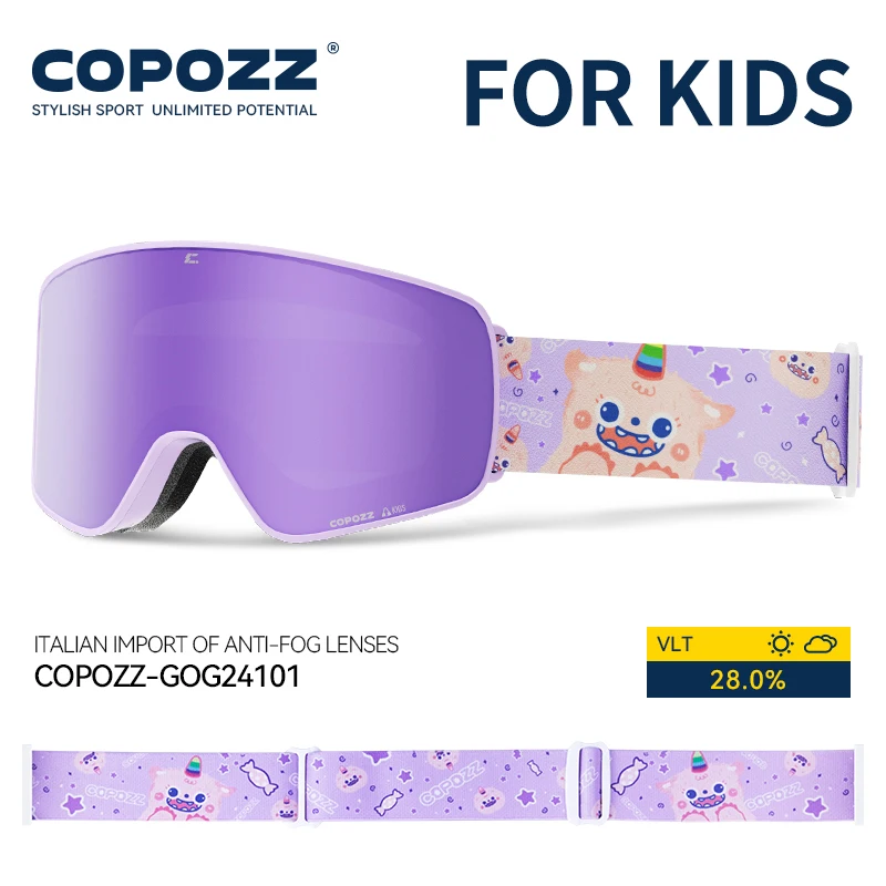 COPOZZ Magnetic Kids Ski Goggles for Children UV400 Anti-fog Mask Glasses Girls Boys Snowboard Goggles with Personalized Straps