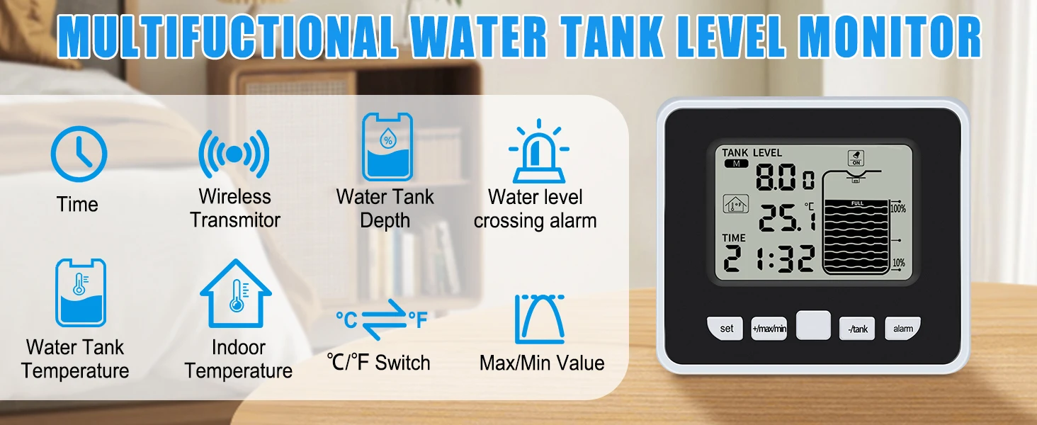 Ultraschall-Flüssigkeitsstandmessgerät für den kabellosen Wassertank mit Temperatursensor, Echtzeit-LCD-Display, Hi/Low-Alarm, Min./Max. Aufnahme für Zuhause – Detail 3