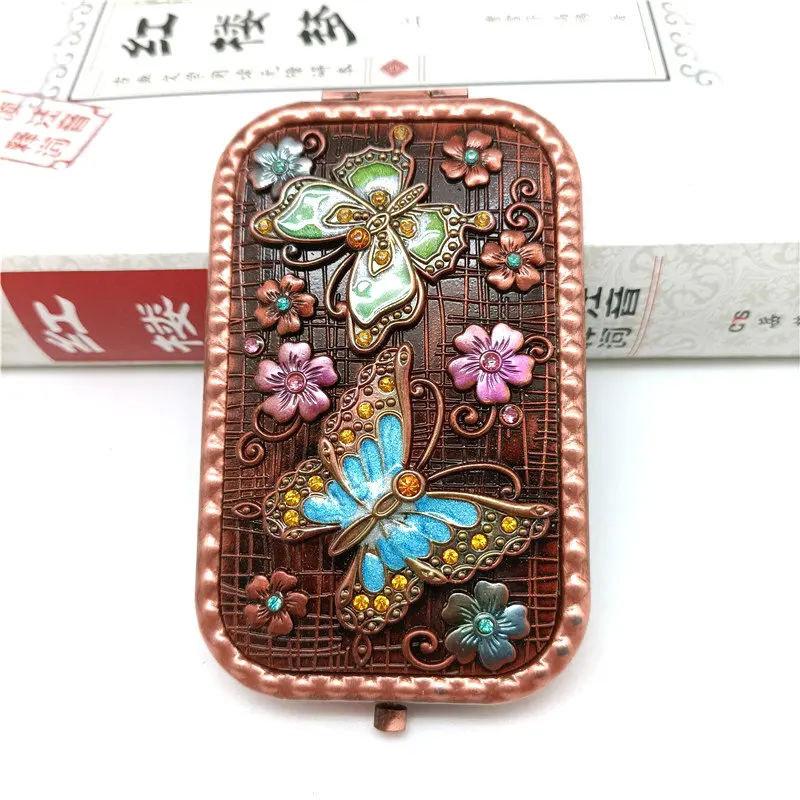 Metal rectangular double-sided small mirror, portable makeup mirror, butterfly love flower enamel process, dustproof bag