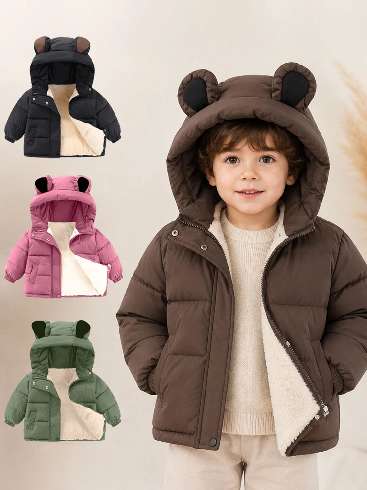 1-8 Years Children Down Cotton Jacket Autumn Winter Baby Boys Girls Solid Color Bear Ear Lamb Wool Lining Thick Hooded Outerwear