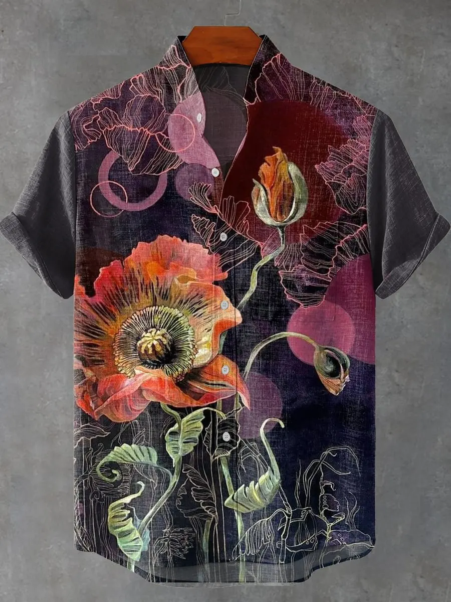 قميص هاواي الرجالي بأكمام قصيرة مطبوع عليه قطة ثلاثية الأبعاد بنمط نبات وزهور، قميص حفلات العطلات، مجموعة جديدة