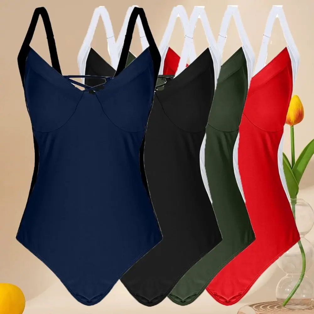 

Fashion Patchwork Bodysuit Swimsuit Hollow V-neck Bathing Swimwear Beachwear Clothing Slim Fit Jumpsuit Bikini Summer