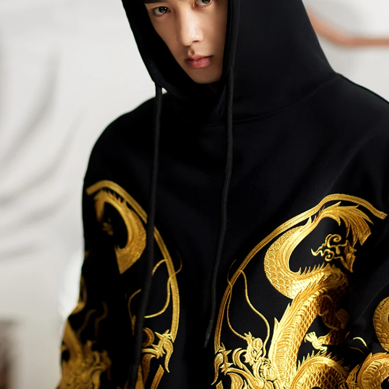 NEW high-end Golden Dragon Xianrui Chinese Style Sweatshirt Golden Dragon Robe Embroidered Hooded Sweatshirt Men Autumn Winter