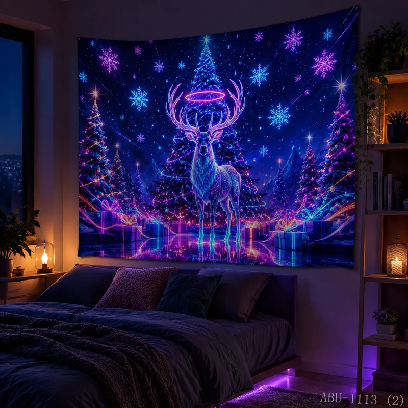 VIKAMA Neon Purple Blue Reindeer Standing Rainbow Halo Gift Water Reflection Christmas Tapestry Bedroom Living Room Dorm Home