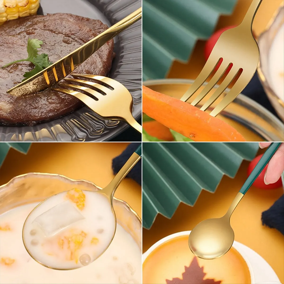 A20I 24Pcs Stainless Steel Dinnerware Set Cutlery Spoon Fork Knife Western Cutleri Silverware Flatware,Black-Gold
