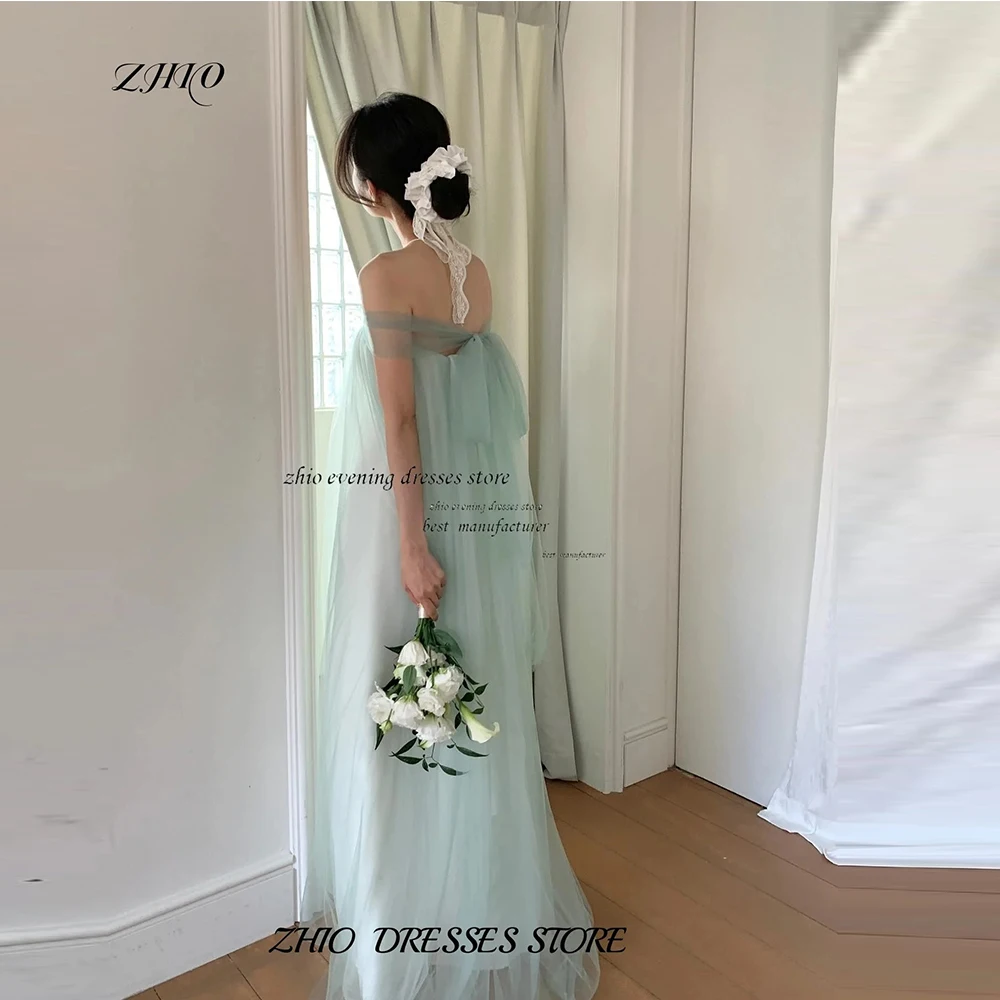 

ZHIO Gorgeous Mint Green Flowing Tulle Korean Evening Strapless Pleated A-Line Gown Customized Corset Floor Length 웨딩드레스