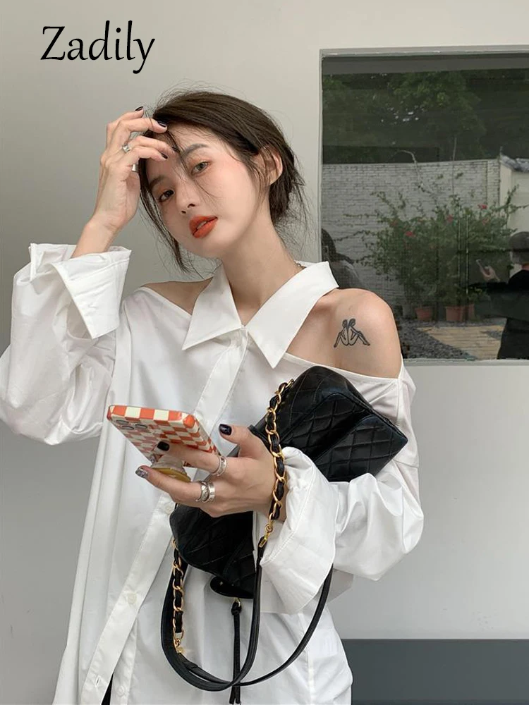 Zadily 2023 Summer Long Sleeve White Shirt Women Korean Style Off The Shoulder Button Ladies Tunic Blouse Female Clothing Tops