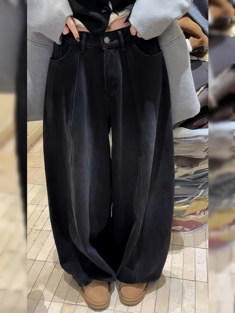 

Ретро-джинсы американского стиля с флисовой подкладкой, с высокой талией, с эффектом потертости, женские, винтажные, для активного отдыха, всесезонные, свободного кроя