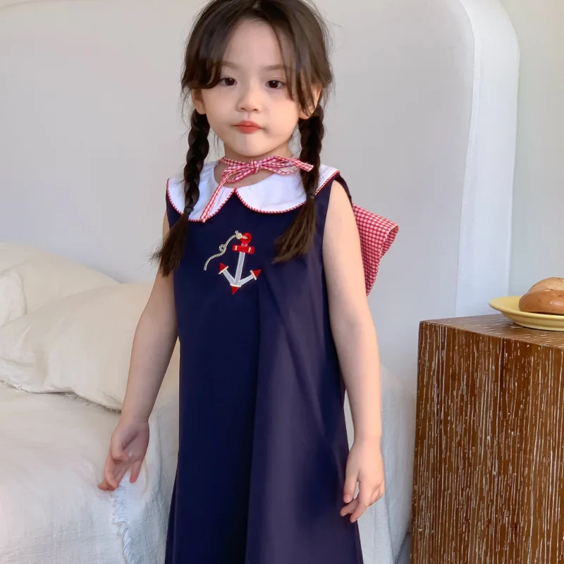 

2024 Cartoon Embroidered Dress for Girls Sleeveless Doll Collar Dresses Summer Baby Girl Holidays Party Navy Style New Clothing