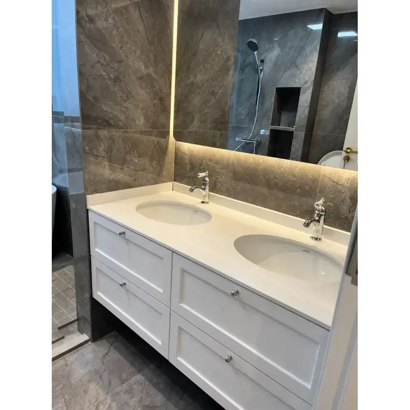 French Style Bathroom Vanity Cabinet with Washbasin Countertop Rock Slab Marble Integrated Sink Modern Design for Home Bath