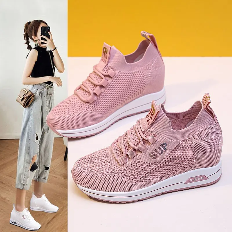 Scarpe con plateau bianche tacco nascosto donna Casual Platform Sneakers donna altezza aumento zeppe scarpe per donna scarpe da ginnastica nero rosa