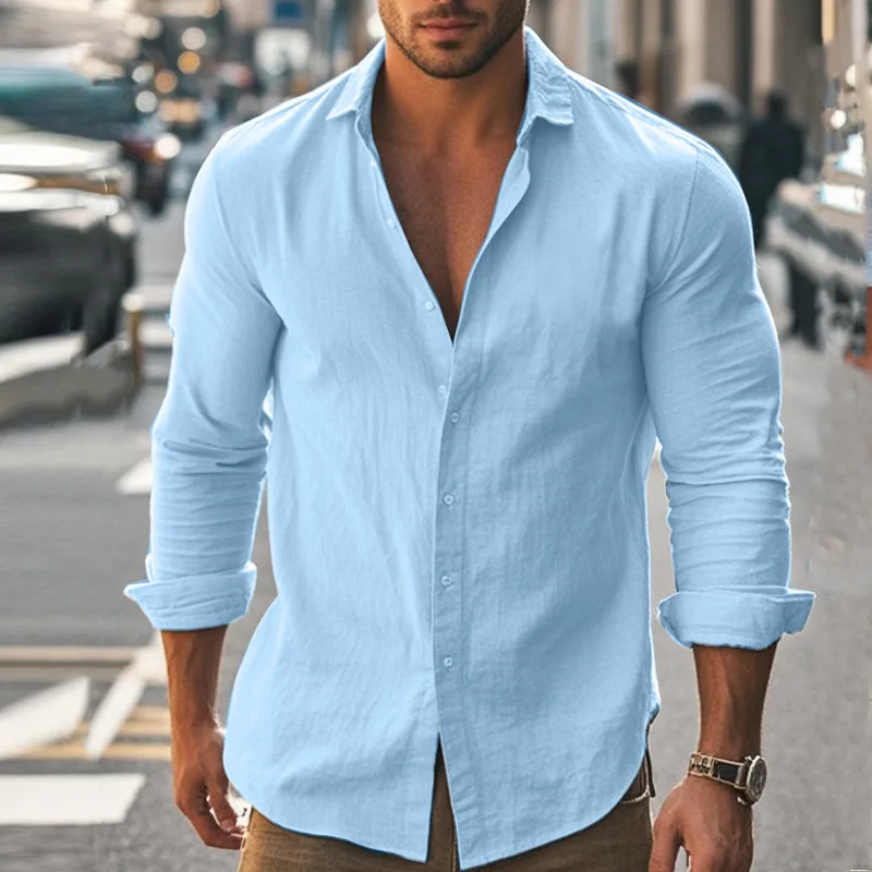 

2025 New Arrival Men's Fashion Casual Shirt - Solid Color Cotton-Linen High Elasticity Comfortable Top for Spring & Autumn