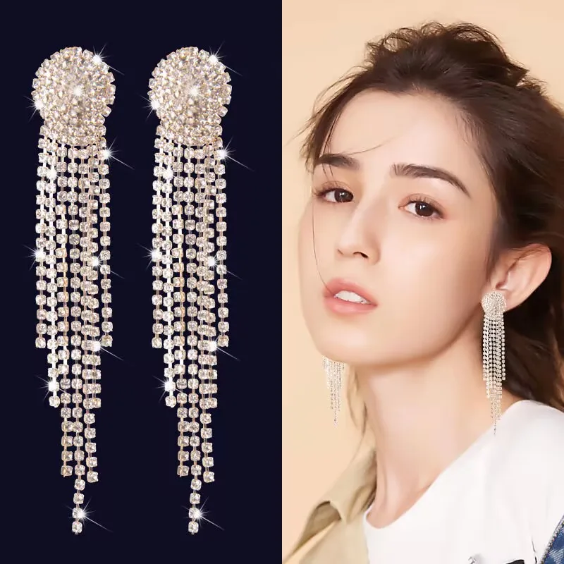 New Arrival Rhinestone Crystal Tassel Clip on Earrings No Pierced for Girl Party Needn't Ear Hole Earrings Korea Style