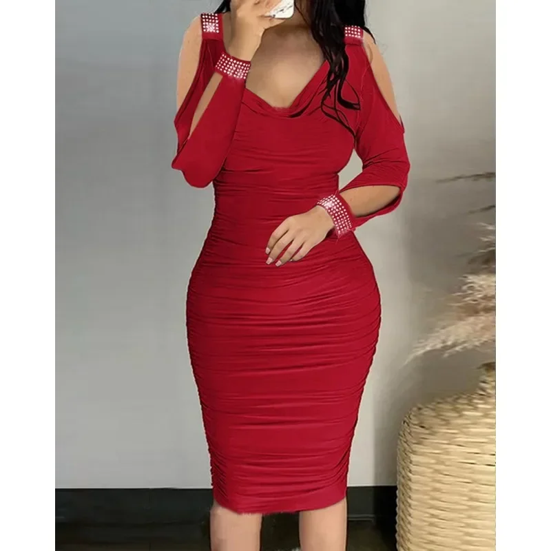 Rhinestone Sheath Tight Dress Pile Collar Low Cut Trend Sexy Sheath Dress Slim Fit Pleated Long Sleeve Red Midi Sexy Dress