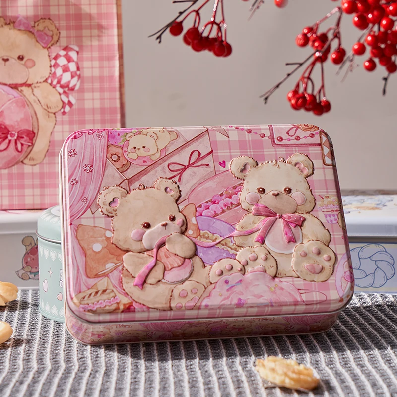 Cartoon Bear Large Rectangle Tinplate Candy Cookie Coffee Storage Box Creative DIY Cake Tea Dessert Container For Home Organizer