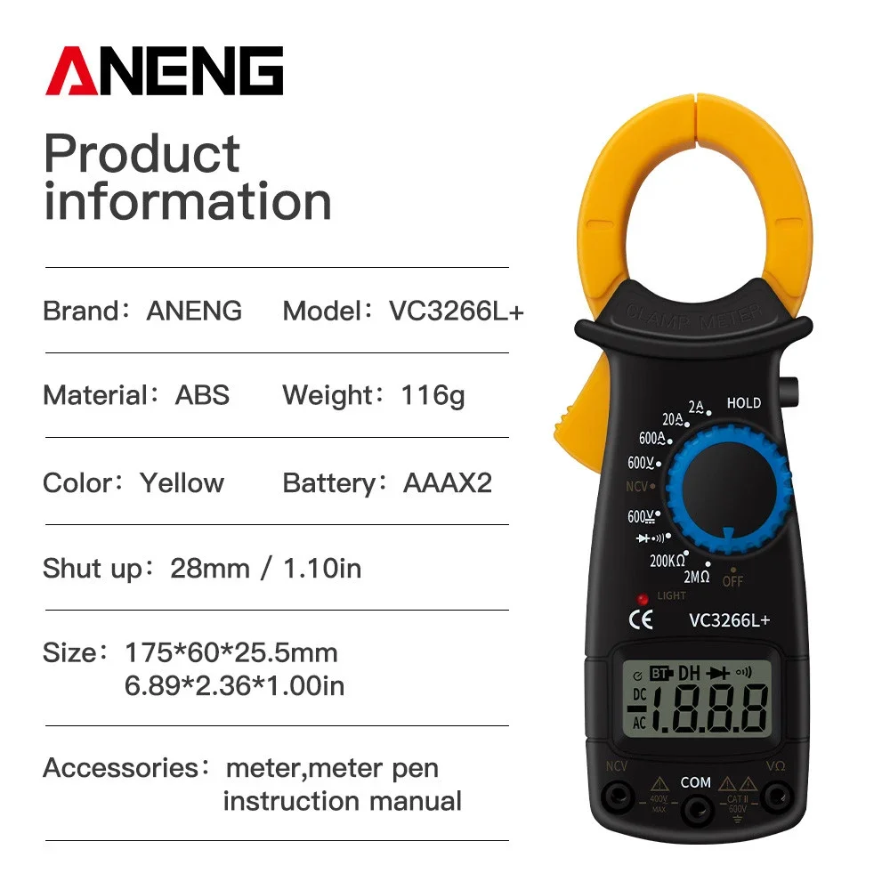 ANENG VC3266L+ 1999 Counts Professional Digital Clamp Meter AC/DC Voltage True RMS Multimeter Temp phm Electrical Current Tester