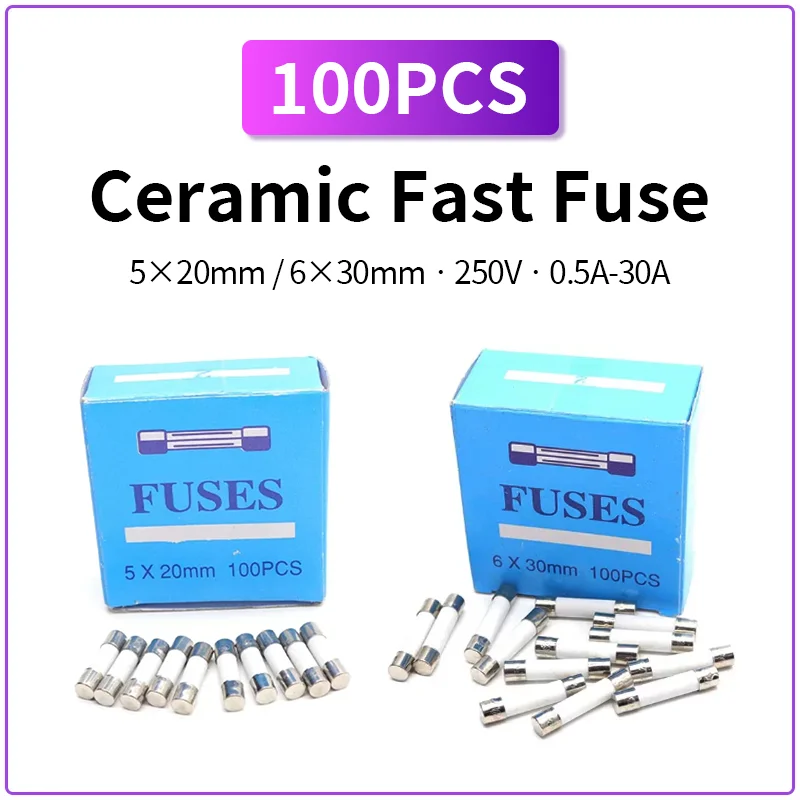 100PCS Fast Blow Ceramic Tube Fuse 5x20mm 6x30mm 250V 0.5A-30A Quick Acting Assorted Amp Fuse for Electronic Device Protection
