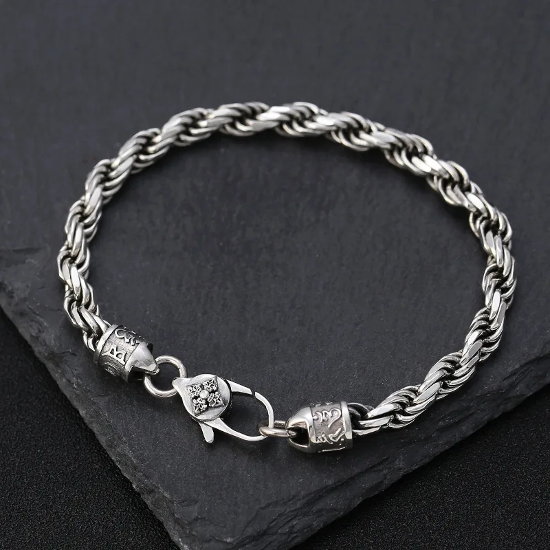 S925 Sterling Jewelry, Fashionable Thai Silver Vajra Six-Character Mantra Twisted Pattern Bracelet Men