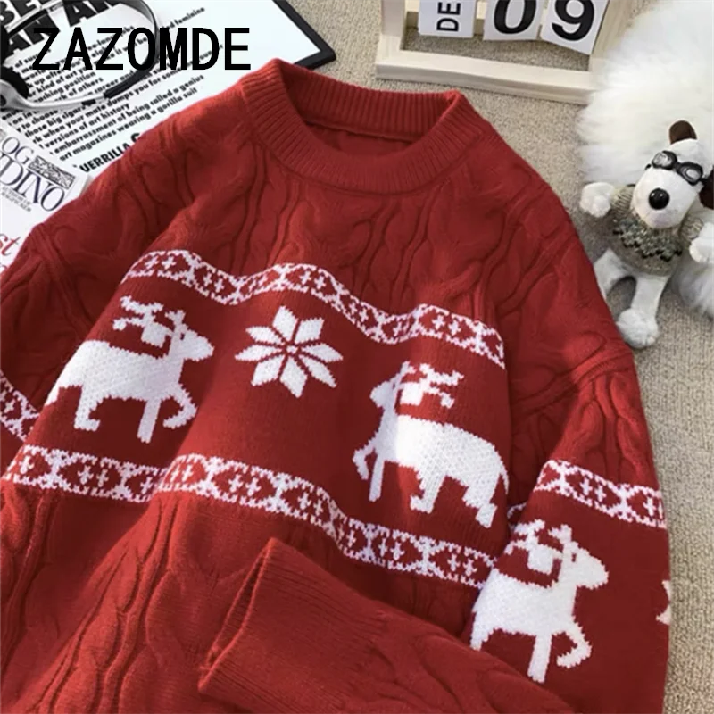 ZAZOMDE 2024 Winter Sweater New Knitwear Sweater Thick Warm Mens Sweaters With Deer Korean Harajuku Christmas Couple Clothing