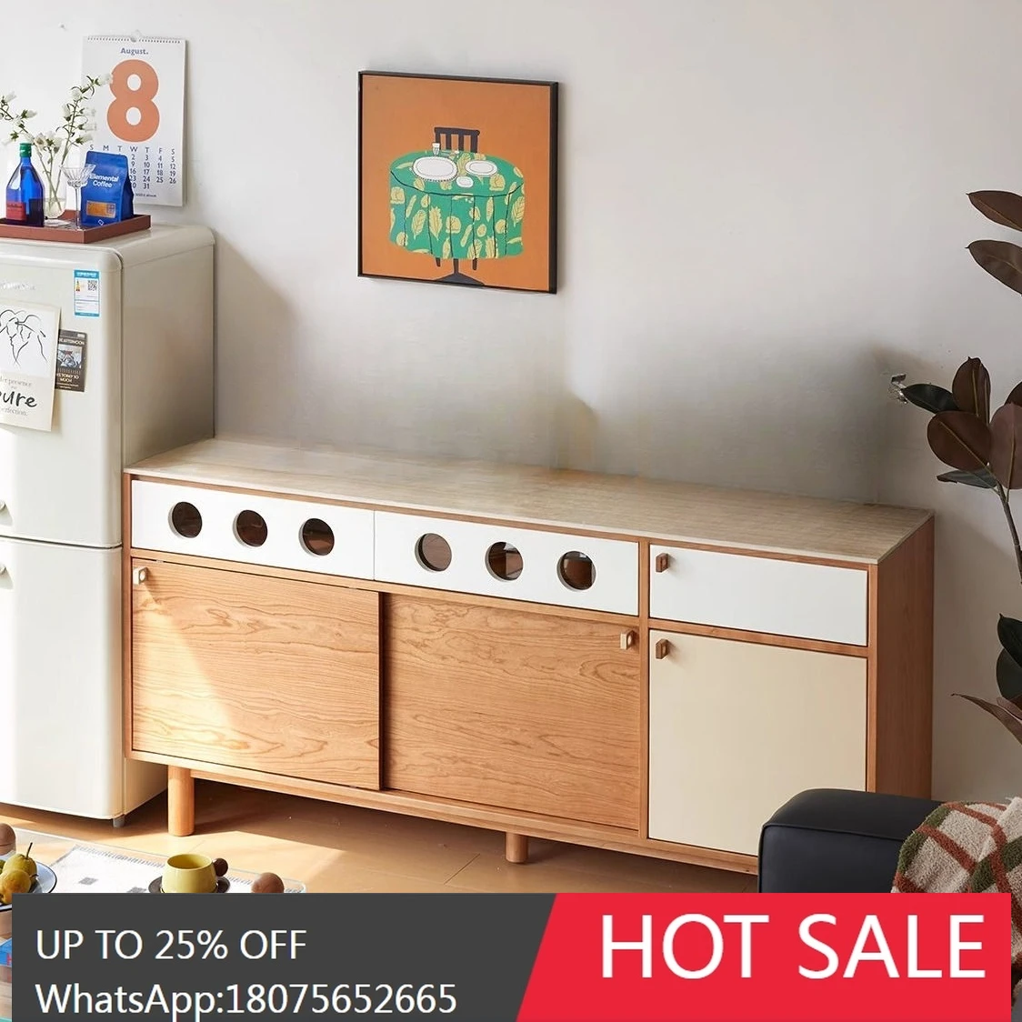 

MJY Solid Wood Sideboard Wall-Mounted Integrated Living Room Rock Slab Cherry Wood Storage Cabinet