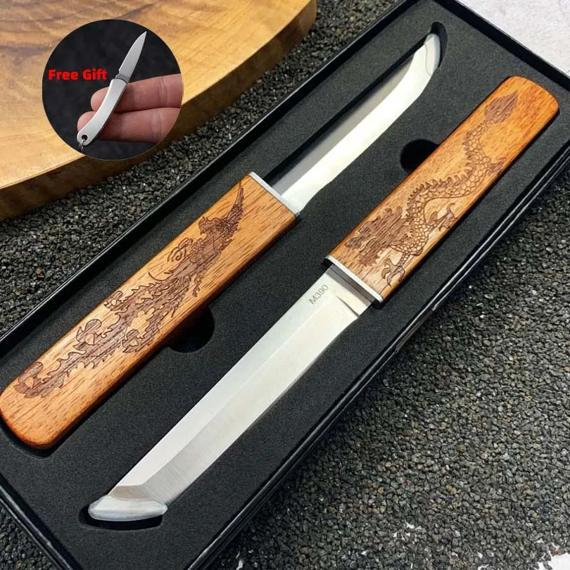 

ножи для уличных инструментов M390, стальной дракон и феникс, двойное лезвие, прямые ножи высокой твердости, портативная ручка из дерева груши