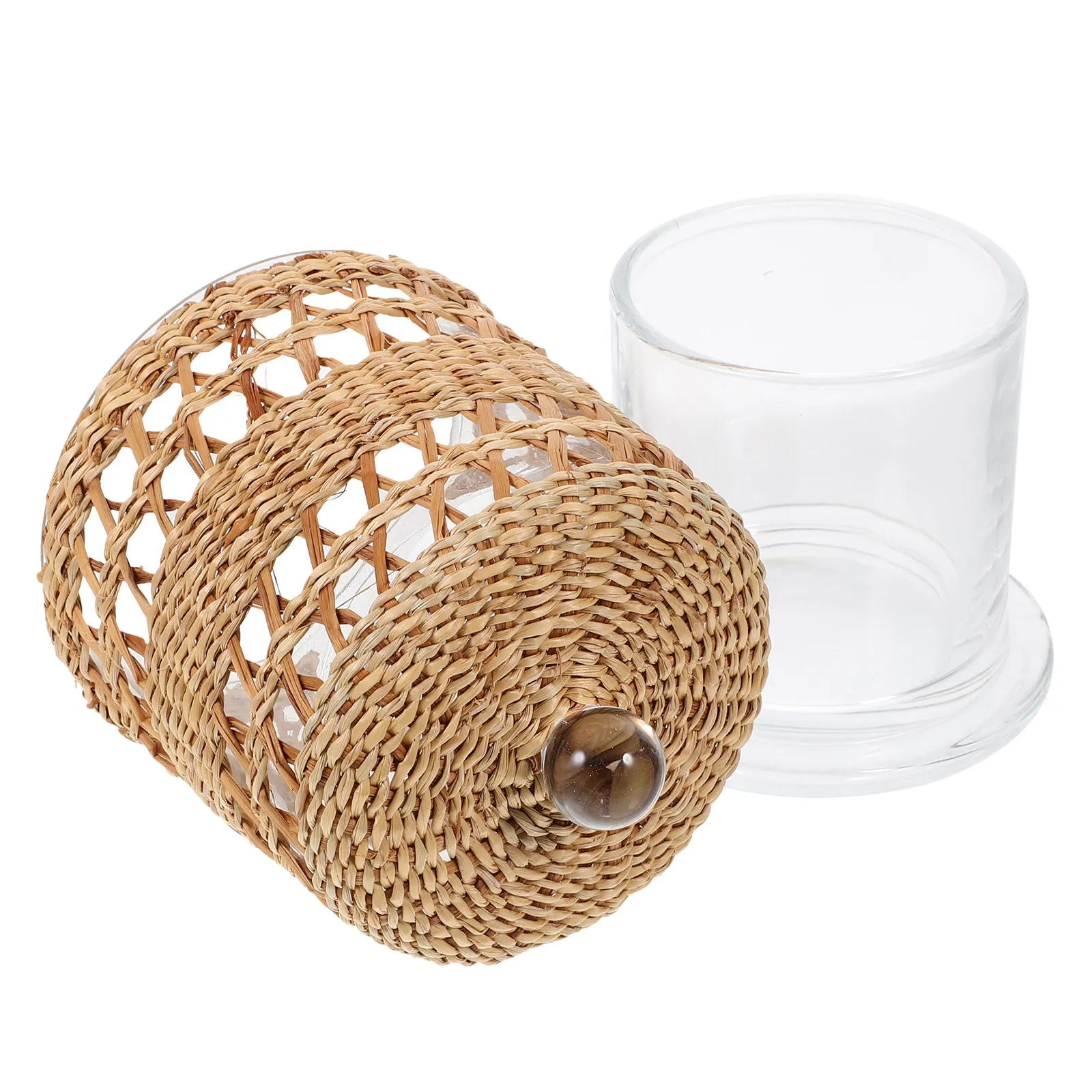 Glass Dome with Natural Rattan Wrap Elegant Transparent Cloche for Candles Decorative Holder Desktop Display Shade
