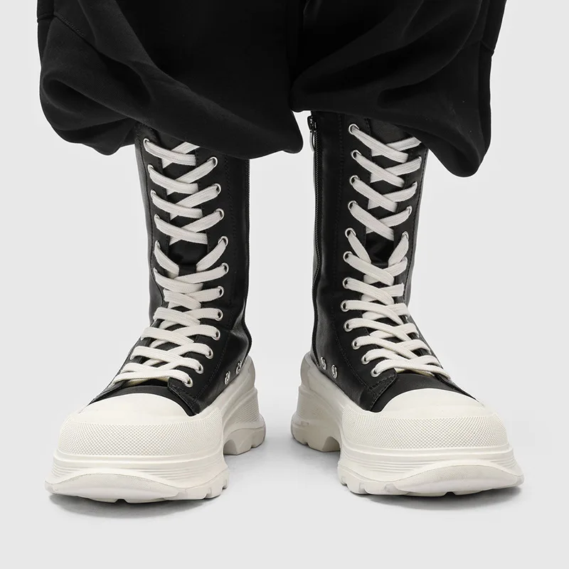 men fashion punk cosplay high motorcycle boots lace-up designer shoes cowboy original leather boot long platform knight botas view 5