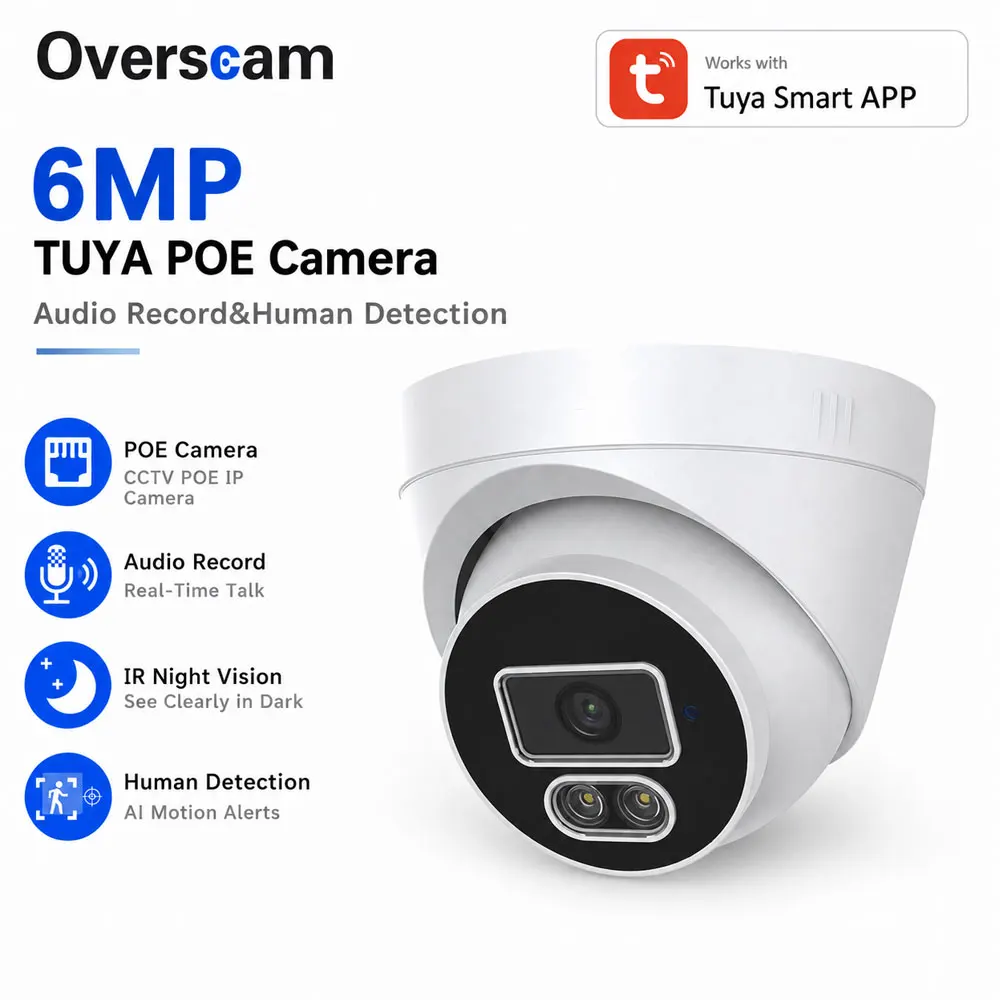 6MP PoE IP Security Camera Tuya Smart Outdoor Bullet Camera Human Detection Audio Record IR Night Vision CCTV Surveillance Smart