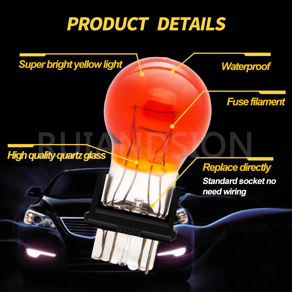 Ruiandsion 3157 Halogen Bulb 12V 21W Double Filament CarTaillight Brake Light Turn Signal High Low Beam Yellow 300Lm