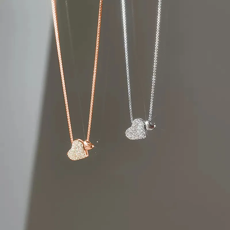 Cute Simple 925 Sterling Silver Full Zircon Heart-shaped Pendant Necklace for Women Collarbone Chain Jewelry Accessories Gifts