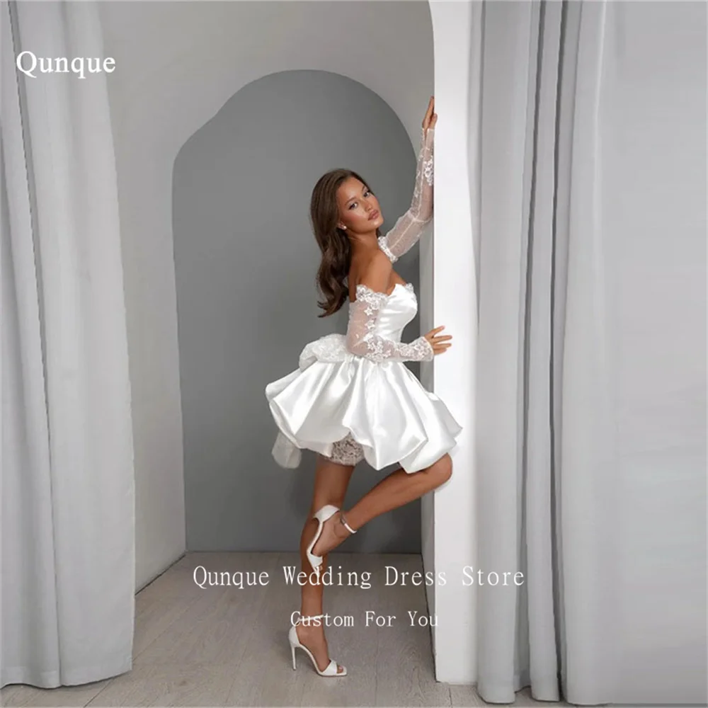

Qunque Stain Mini Wedding Dresses Women Sweetheart Backless Vestidos De Novia Short Detachable Sleeves Party Gown Customized