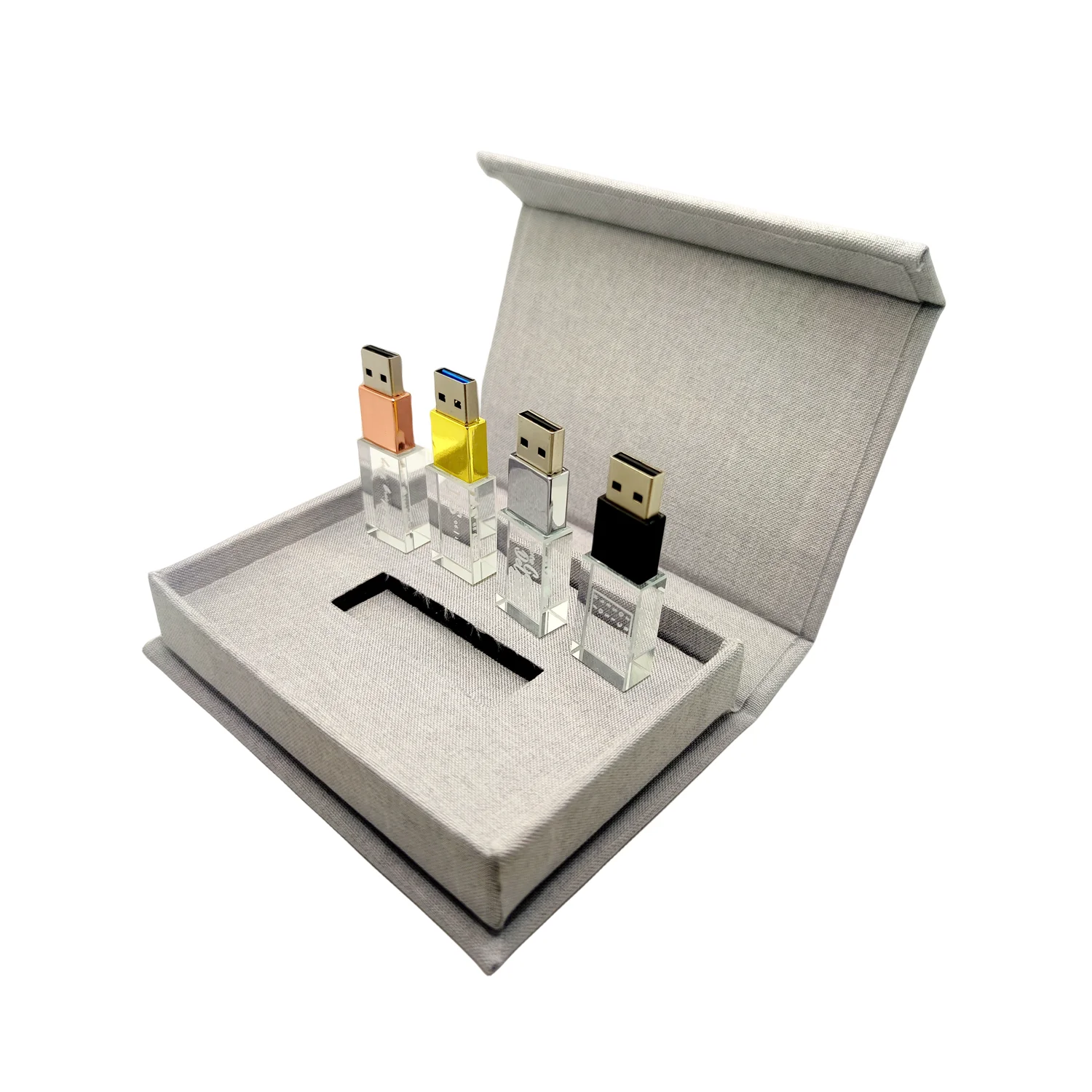 Free Custom Laser Engraving LOGO Color Metal Crystal USB2.0 Flash Drive and Grey Linen Box 8GB 16GB 32GB 64GB 128GB